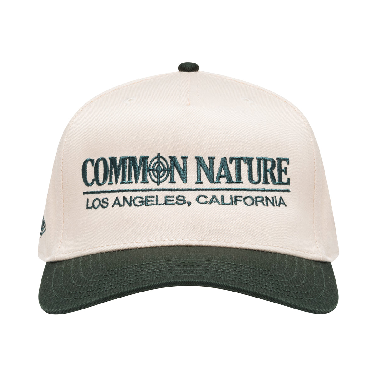 Classic Target Hat in natural and black, front view with Common Nature Los Angeles embroidery