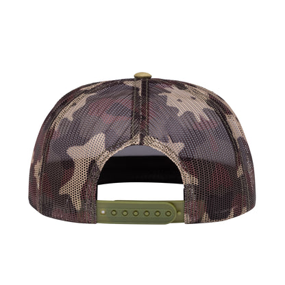 Common Patch Hat in camo, back view with camo mesh and snapback