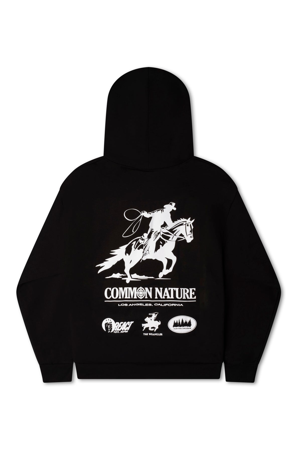 Rider's Spirit Hoodie in black, back view showing the rider on horseback graphic