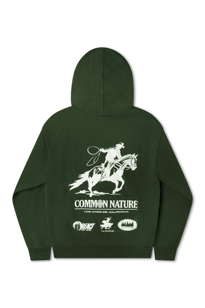 Rider's Spirit Hoodie in forest green, back view showing the rider on horseback graphic
