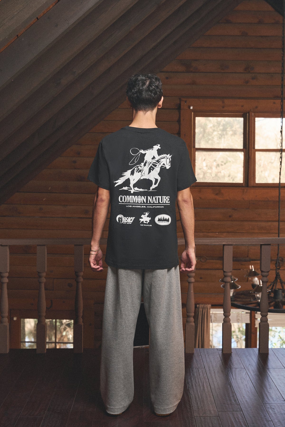 Back graphic of a black Common Nature tee in a cabin loft