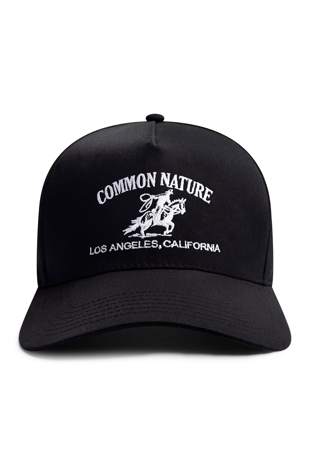 Rider's Hat in black, front view with embroidered rider and Common Nature logo