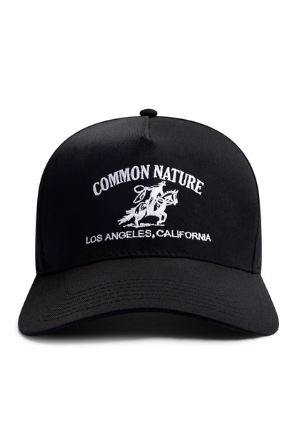 Rider's Hat in black, front view with embroidered rider and Common Nature logo