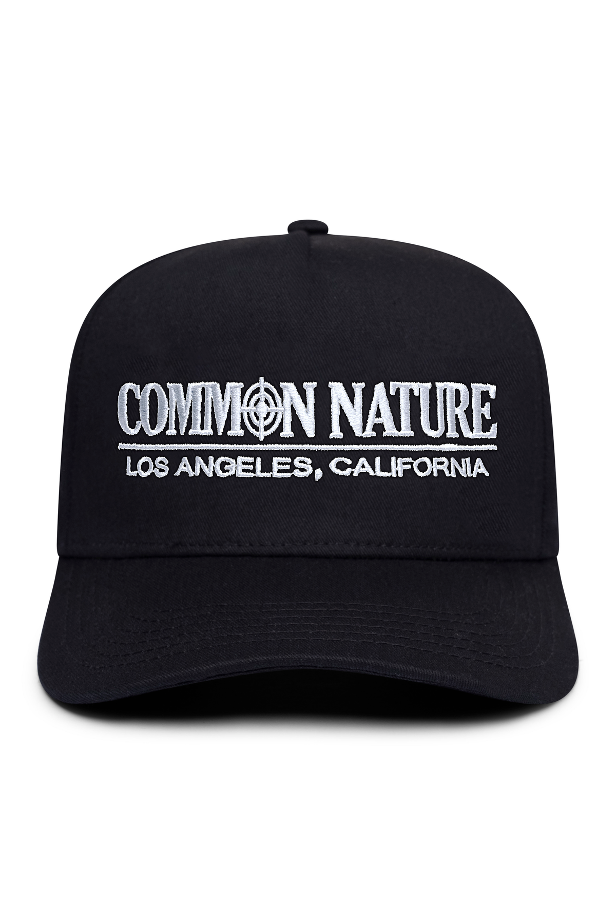 Classic Target Hat in black, front view with Common Nature Los Angeles embroidery