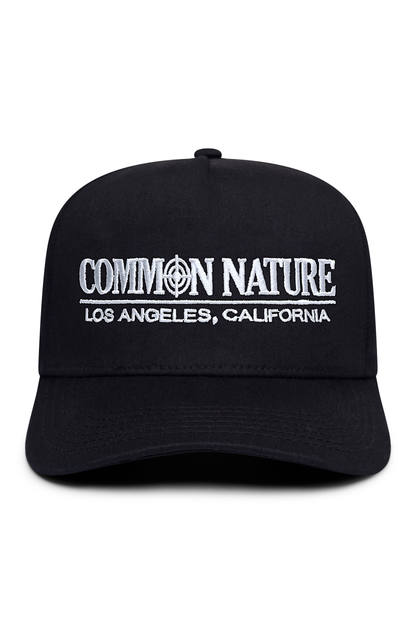 Classic Target Hat in black, front view with Common Nature Los Angeles embroidery